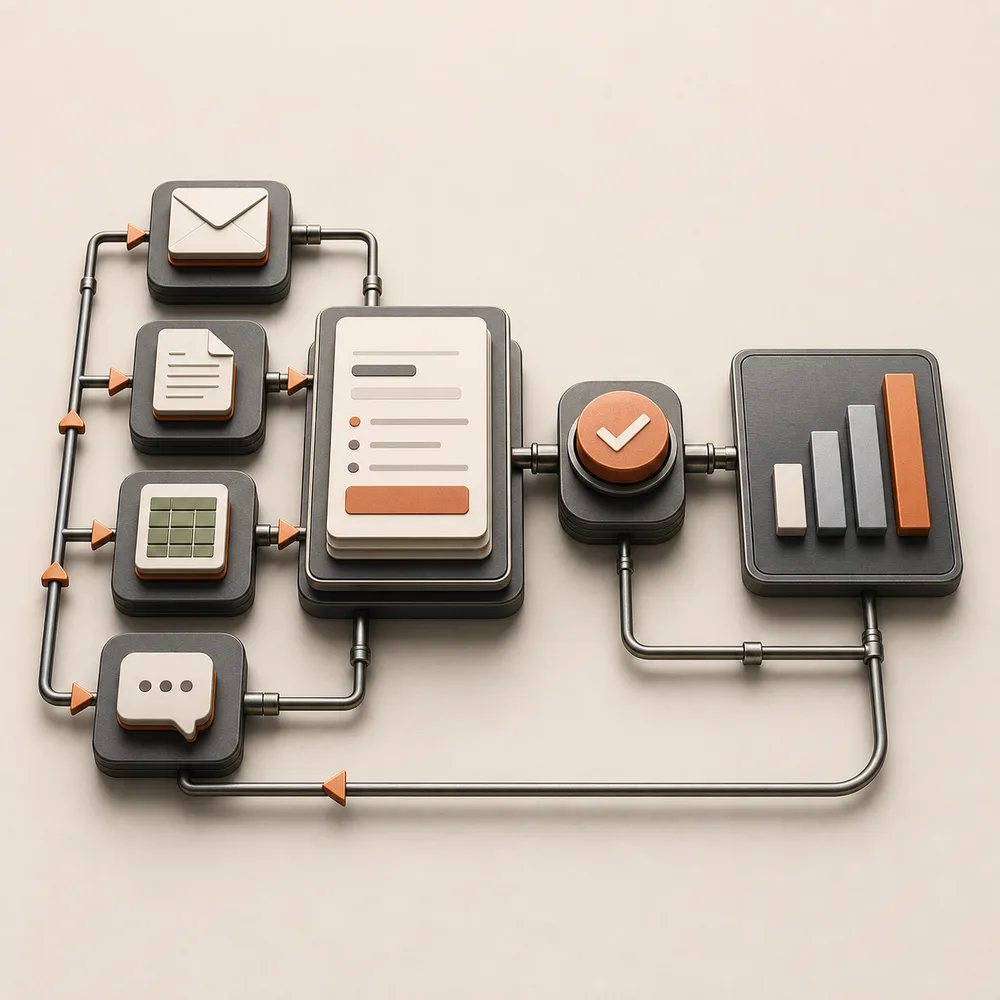 Existing business tools feeding a staff copilot, human review, and reporting loop